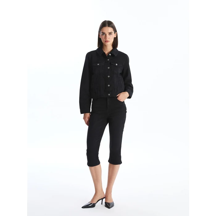 LCW Vision Siyah Gömlek Yaka Kadın Jean Ceket
