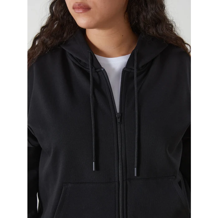 LCW Vision Siyah Kapüşonlu Oversize Kadın Kalın Fermuarlı Sweatshirt