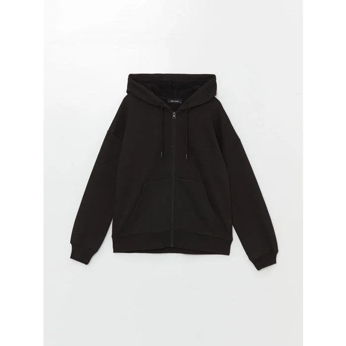 LCW Vision Siyah Kapüşonlu Oversize Kadın Kalın Fermuarlı Sweatshirt
