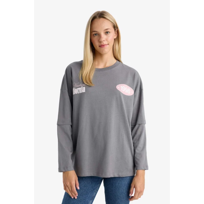 Defacto F8914AXGR449 Gri Loose Fit Bisiklet Yaka Sırt Baskılı Uzun Kollu Tişört