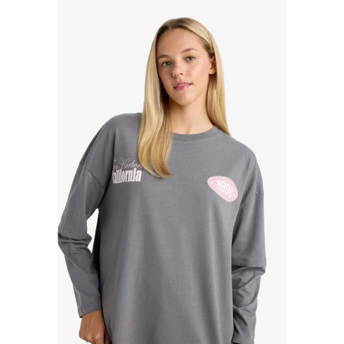 Defacto F8914AXGR449 Gri Loose Fit Bisiklet Yaka Sırt Baskılı Uzun Kollu Tişört