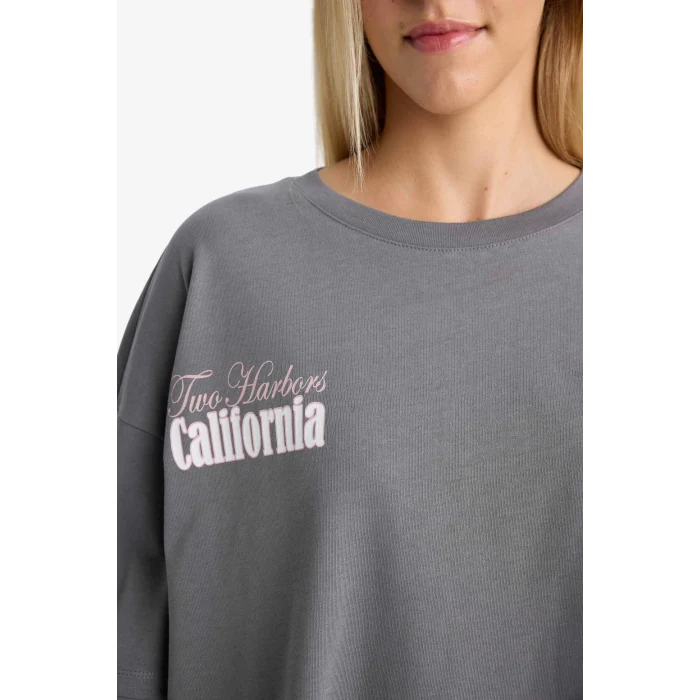 Defacto F8914AXGR449 Gri Loose Fit Bisiklet Yaka Sırt Baskılı Uzun Kollu Tişört