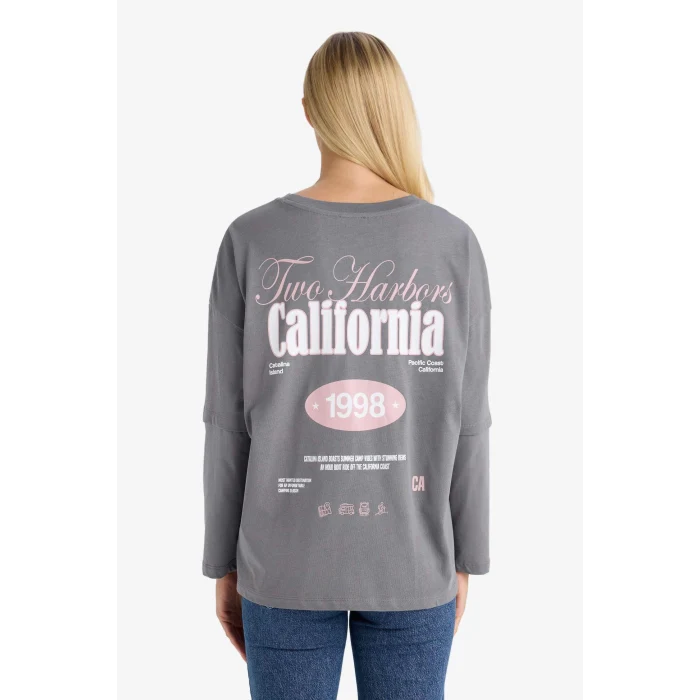 Defacto F8914AXGR449 Gri Loose Fit Bisiklet Yaka Sırt Baskılı Uzun Kollu Tişört