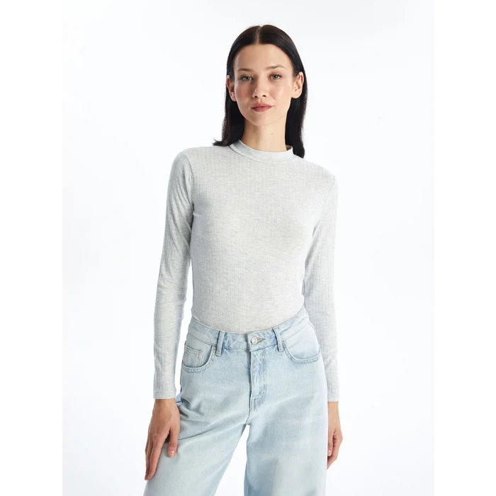 LCW Modest Gri Dik Yaka Düz Uzun Kollu Kadın Body