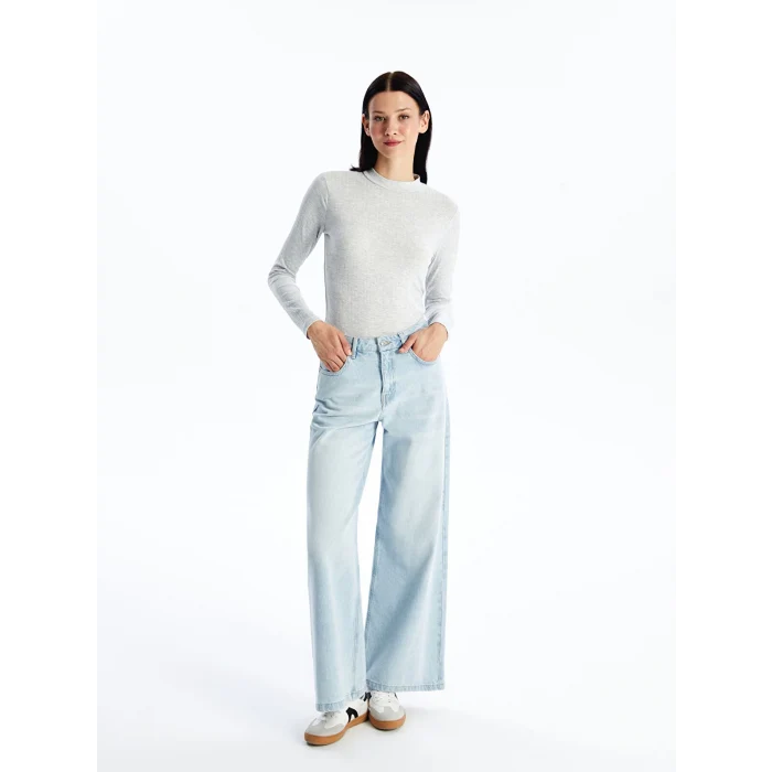 LCW Modest Gri Dik Yaka Düz Uzun Kollu Kadın Body