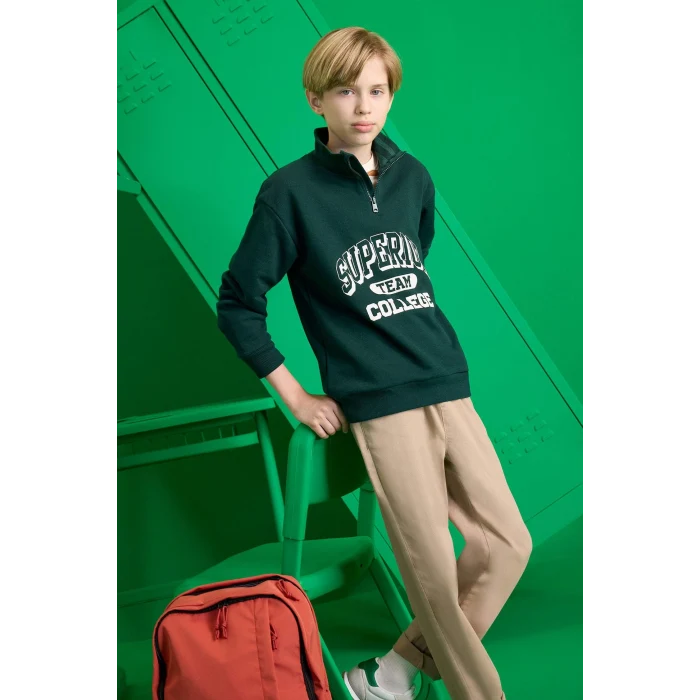 Defacto F2710A8GN1070 Yeşil Erkek Çocuk Dik Yaka Fermuarlı Baskılı Okul Sweatshirt