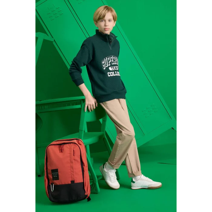 Defacto F2710A8GN1070 Yeşil Erkek Çocuk Dik Yaka Fermuarlı Baskılı Okul Sweatshirt