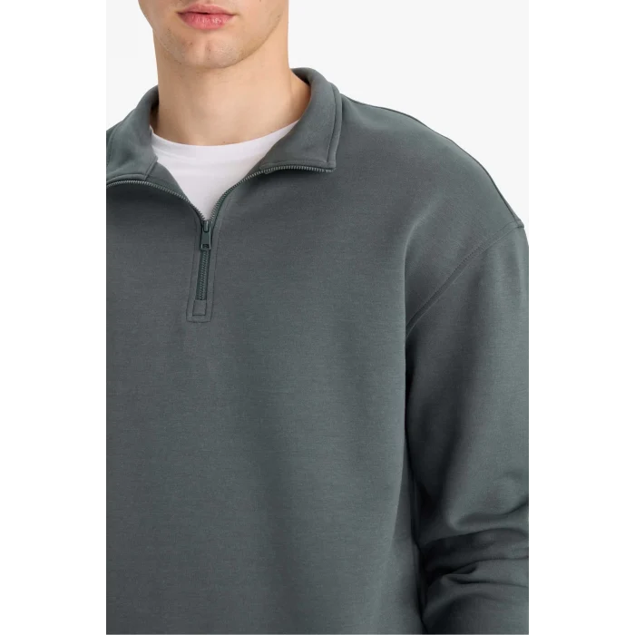 Defacto E9363AXGN498 Yeşil Boxy Fit Dik Yaka Yarım Fermuarlı Skuba Dalgıç Kumaş Sweatshirt