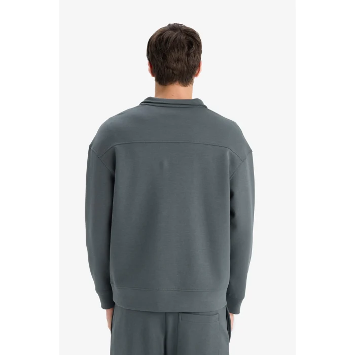 Defacto E9363AXGN498 Yeşil Boxy Fit Dik Yaka Yarım Fermuarlı Skuba Dalgıç Kumaş Sweatshirt