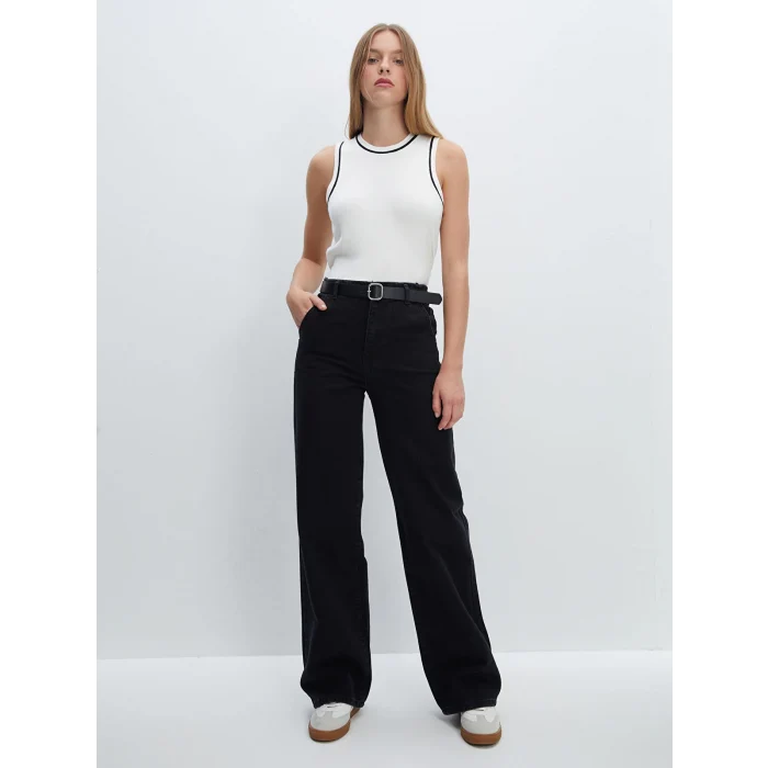 LCW Jeans Siyah Beli Kemerli Wideleg Kadın Jean Pantolon