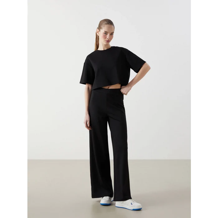 XSIDE Siyah Beli Lastikli Düz Geniş Paça Kadın Eşofman Altı