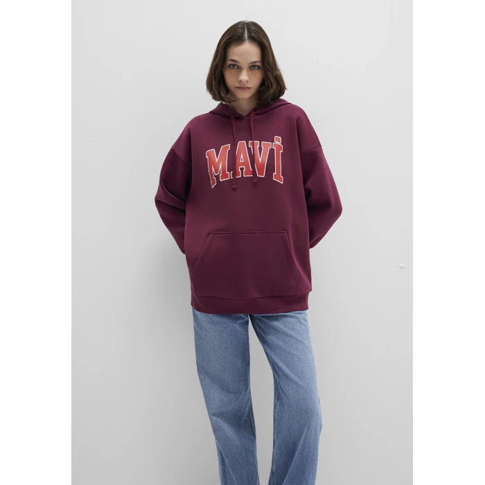 Mavi 1600361-90705 Mavi Logo Baskılı Kapüşonlu Bordo Sweatshirt