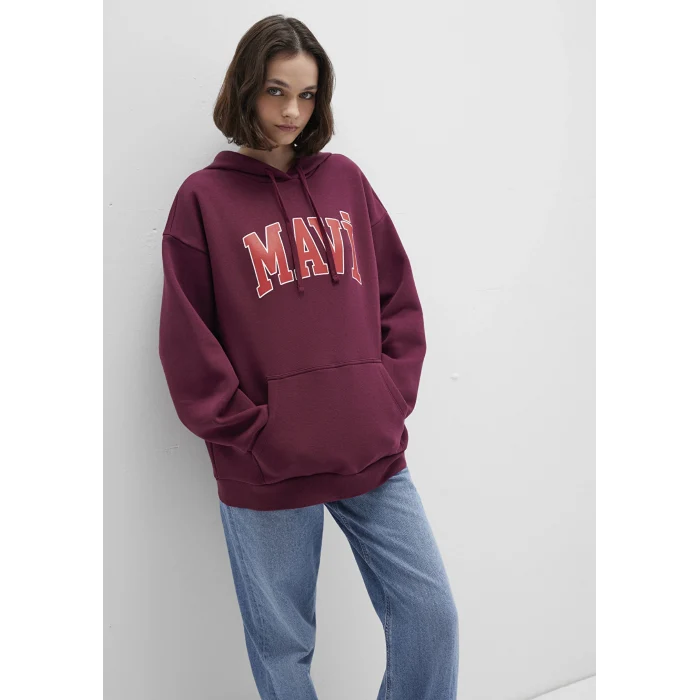 Mavi 1600361-90705 Mavi Logo Baskılı Kapüşonlu Bordo Sweatshirt
