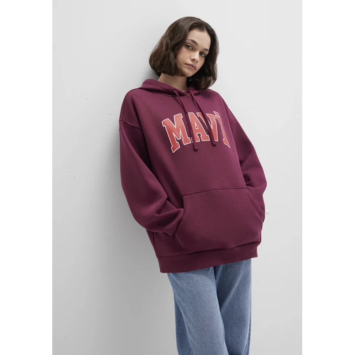 Mavi 1600361-90705 Mavi Logo Baskılı Kapüşonlu Bordo Sweatshirt