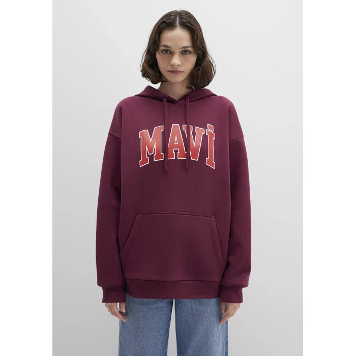 Mavi 1600361-90705 Mavi Logo Baskılı Kapüşonlu Bordo Sweatshirt