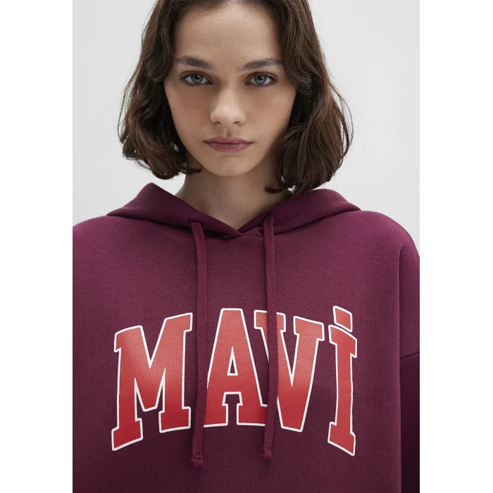 Mavi 1600361-90705 Mavi Logo Baskılı Kapüşonlu Bordo Sweatshirt