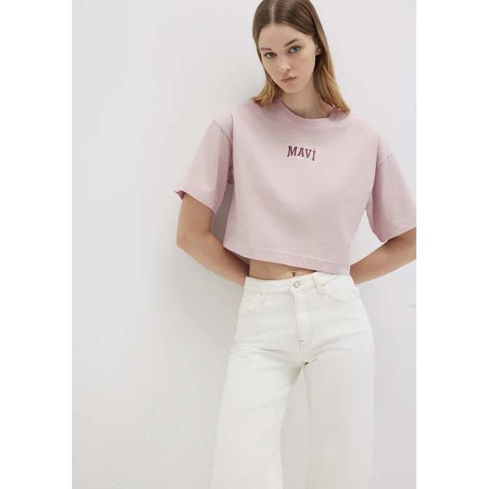 Mavi 1613411-71018 Mavi Logo Baskılı Pembe Crop Tişört