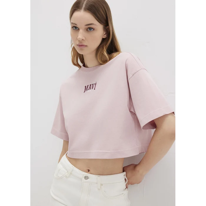 Mavi 1613411-71018 Mavi Logo Baskılı Pembe Crop Tişört