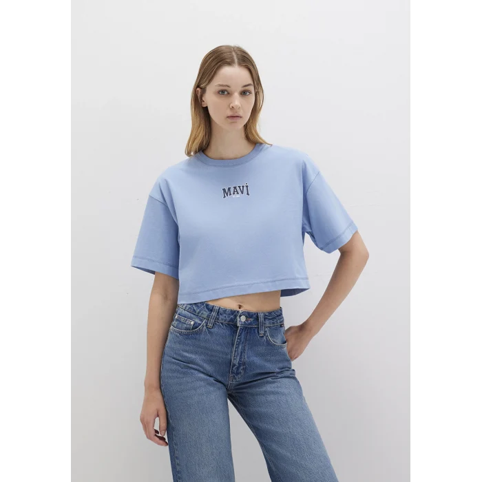 Mavi 1613411-70831 Mavi Logo Baskılı Mavi Crop Tişört