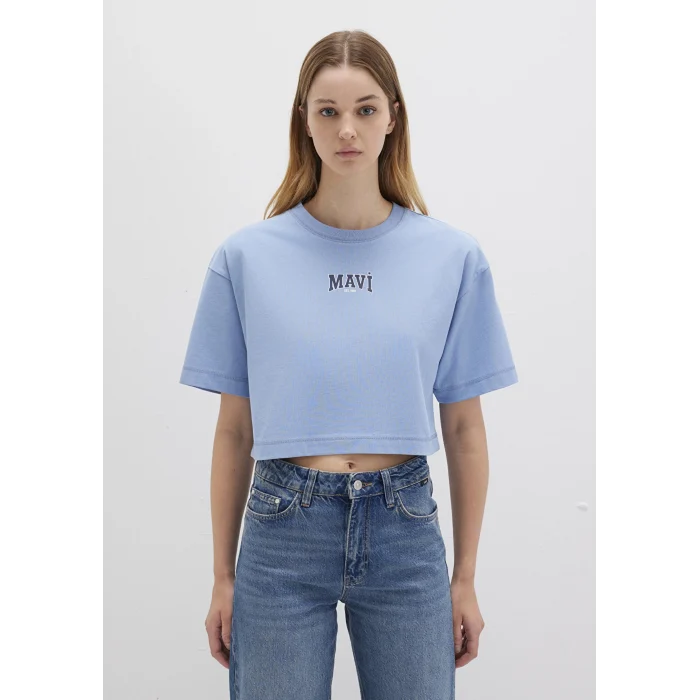 Mavi 1613411-70831 Mavi Logo Baskılı Mavi Crop Tişört