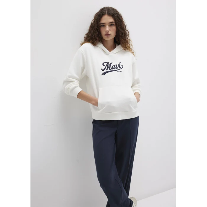 Mavi 1S10420-80194 Mavi Logo Baskılı Kapüşonlu Beyaz Sweatshirt