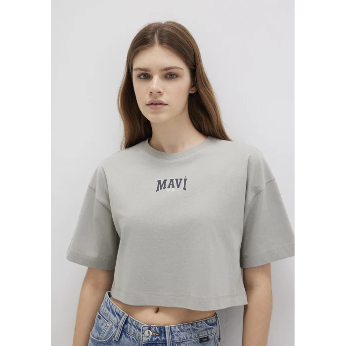 Mavi 1613411-70112 Mavi Logo Baskılı Gri Crop Tişört