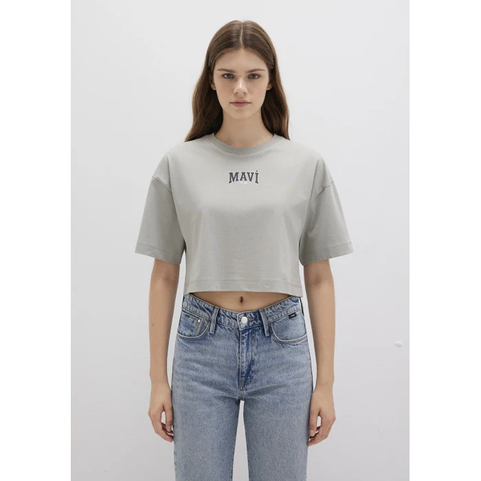 Mavi 1613411-70112 Mavi Logo Baskılı Gri Crop Tişört