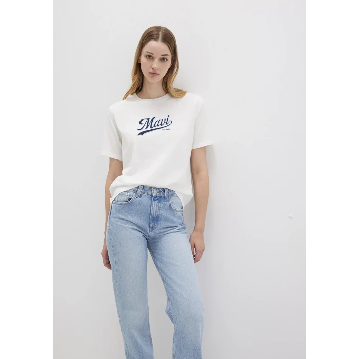 Mavi 1613565-80194 Mavi Logo Baskılı Ekru Tişört