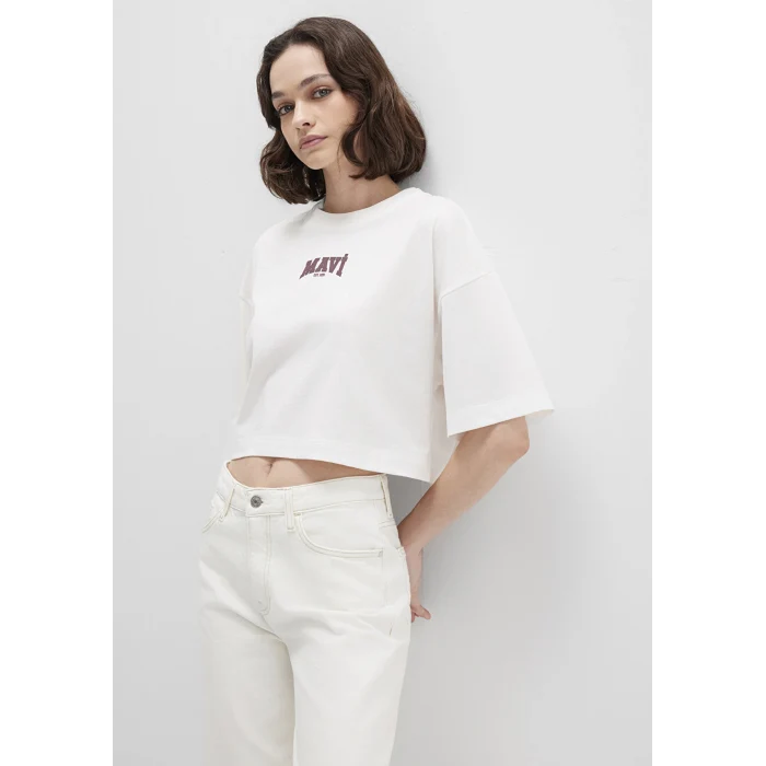 Mavi 1613411-70057 Mavi Logo Baskılı Ekru Crop Tişört