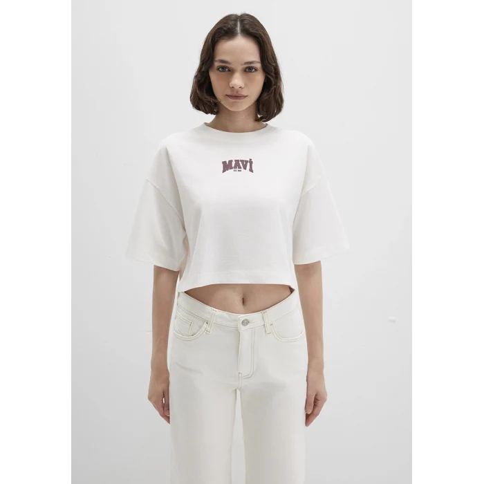 Mavi 1613411-70057 Mavi Logo Baskılı Ekru Crop Tişört