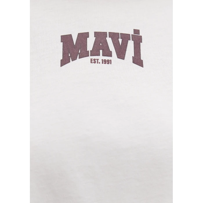 Mavi 1613411-70057 Mavi Logo Baskılı Ekru Crop Tişört