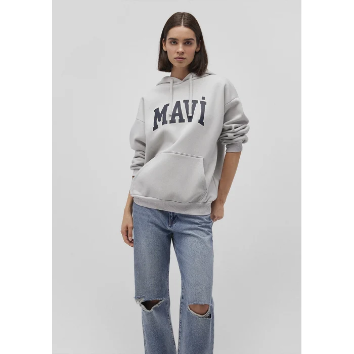 Mavi 1600361-34322 Mavi Logo Baskılı Kapüşonlu Gri Sweatshirt