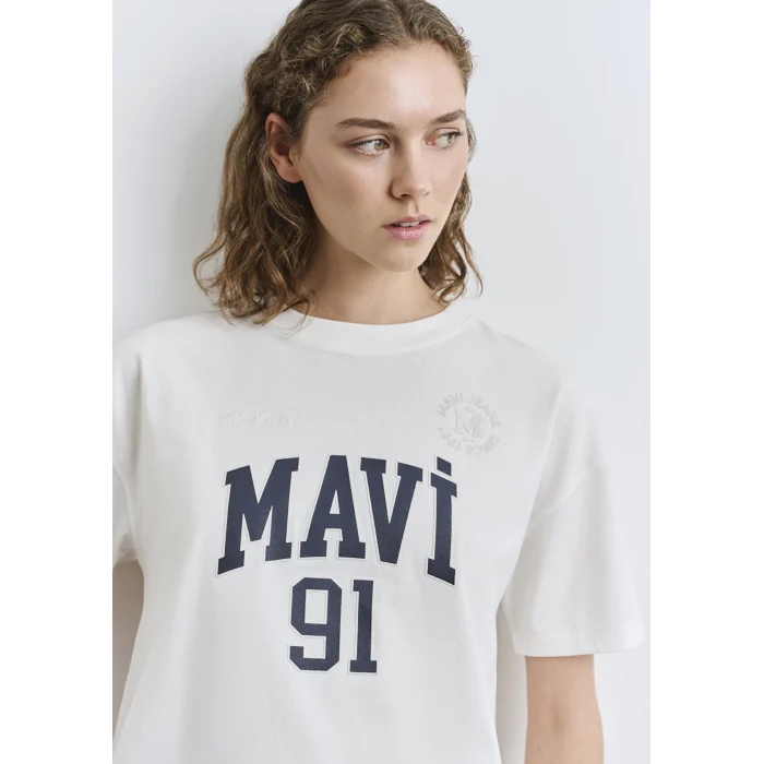 Mavi 1613333-70057 Mavi Logo Baskılı Ekru Tişört