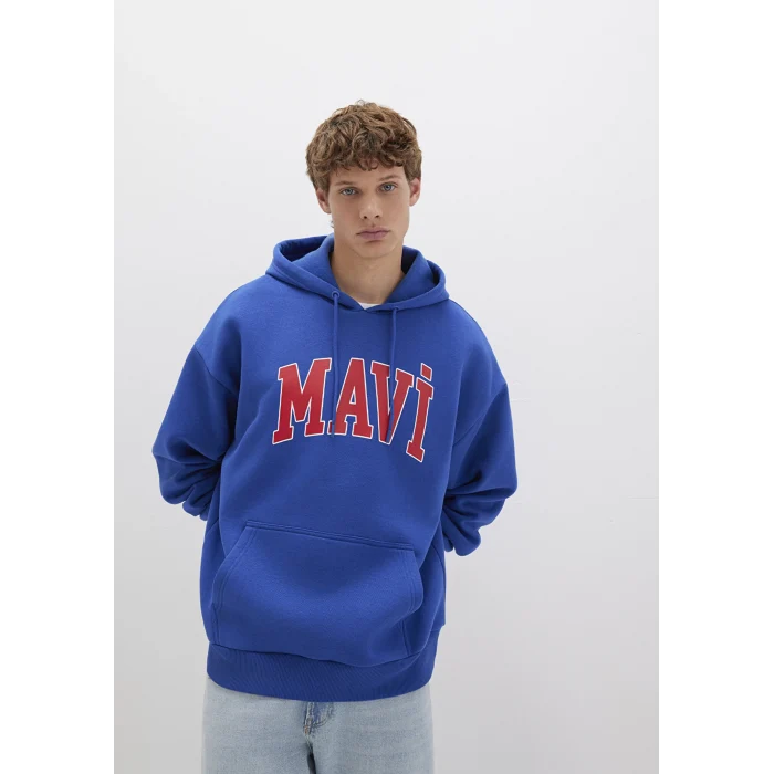 Mavi 067149-70907 Mavi Logo Baskılı Kapüşonlu Mavi Sweatshirt