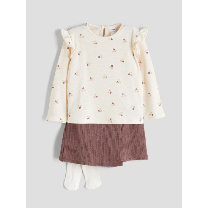 LCW Kids Ekru Fırfırlı Kız Çocuk Bluz, Etek ve Külotlu Çorap Takım