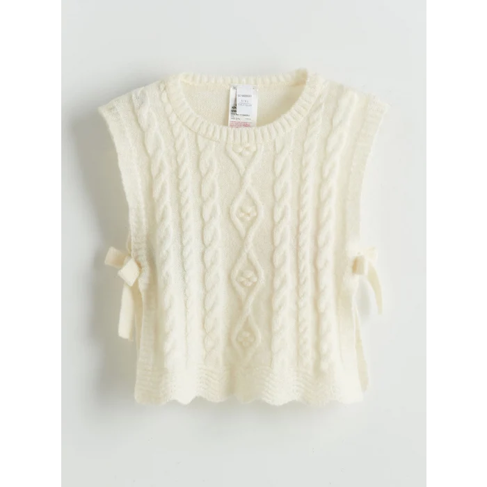 LCW Kids Ekru Bisiklet Yaka Fiyonklu Kız Çocuk Süveter