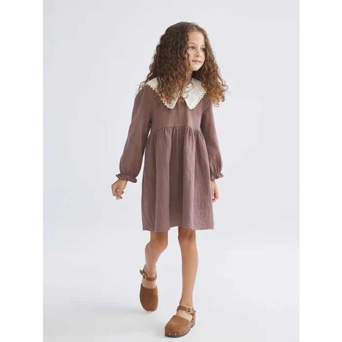 LCW Kids Kahverengi Bebe Yaka Kız Çocuk Müslin Elbise