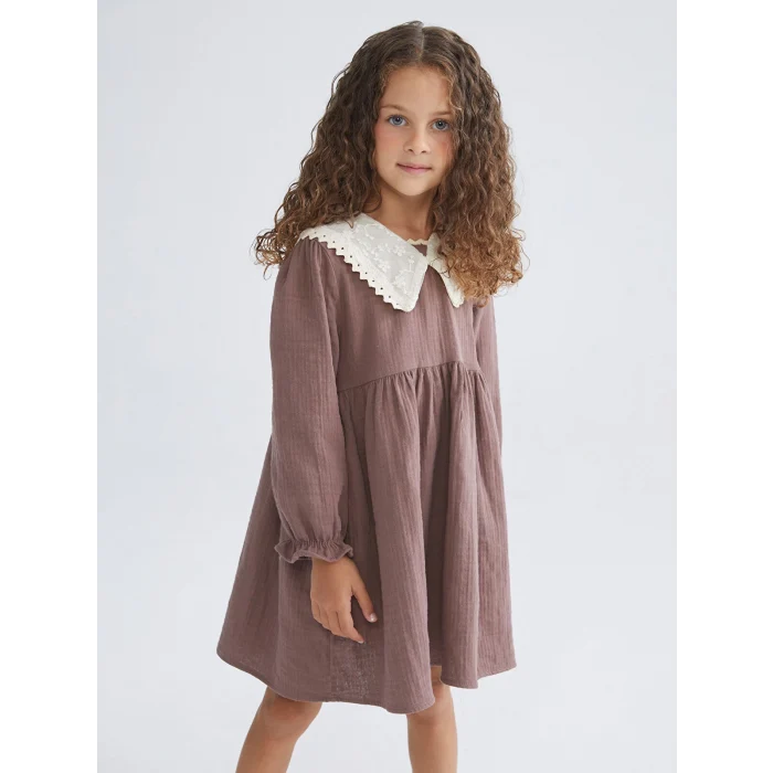 LCW Kids Kahverengi Bebe Yaka Kız Çocuk Müslin Elbise