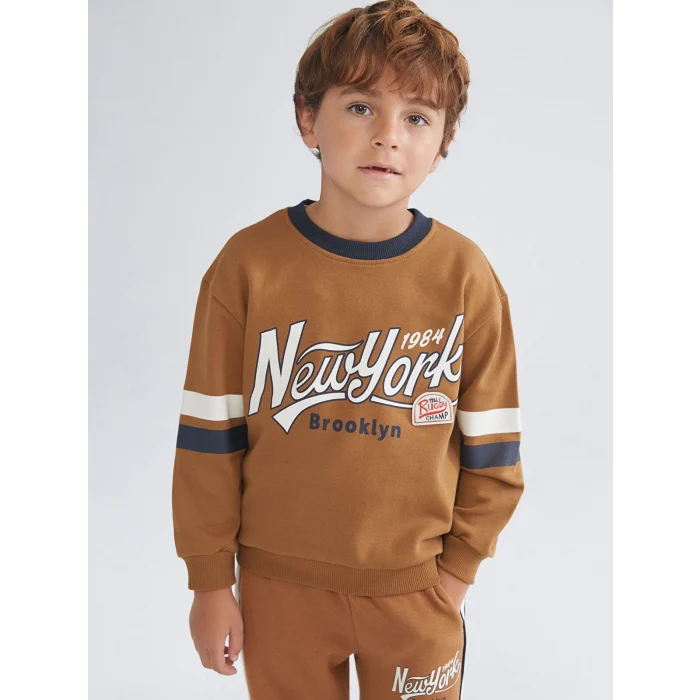 LCW Kids Kahverengi Bisiklet Yaka Baskılı Uzun Kollu Erkek Bebek Sweatshirt