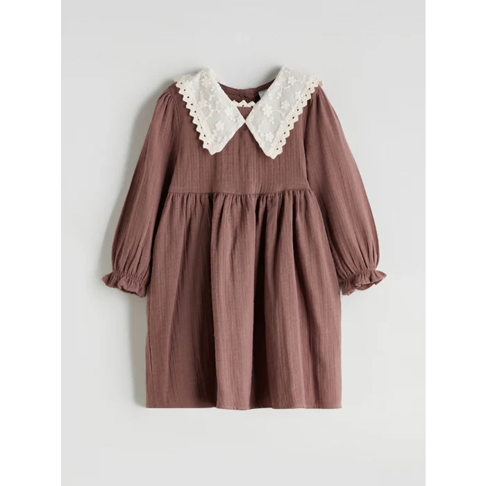 LCW Kids Kahverengi Bebe Yaka Kız Çocuk Müslin Elbise