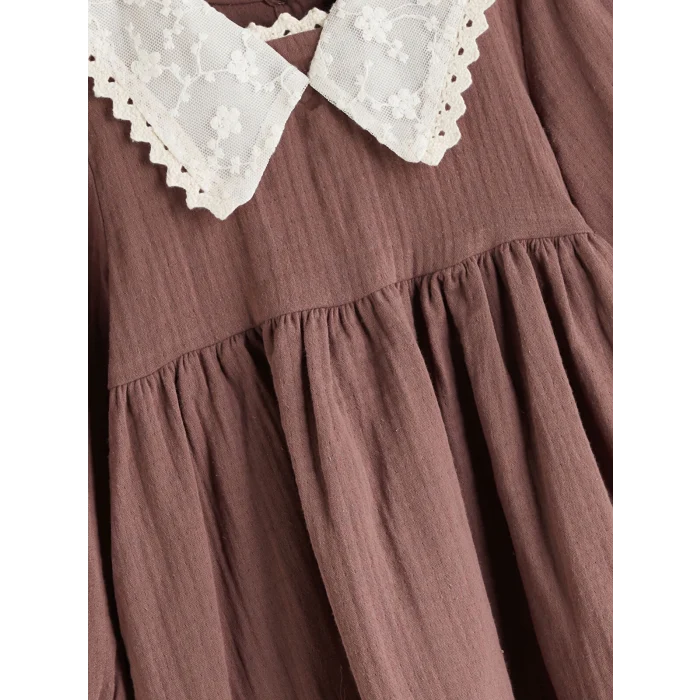 LCW Kids Kahverengi Bebe Yaka Kız Çocuk Müslin Elbise