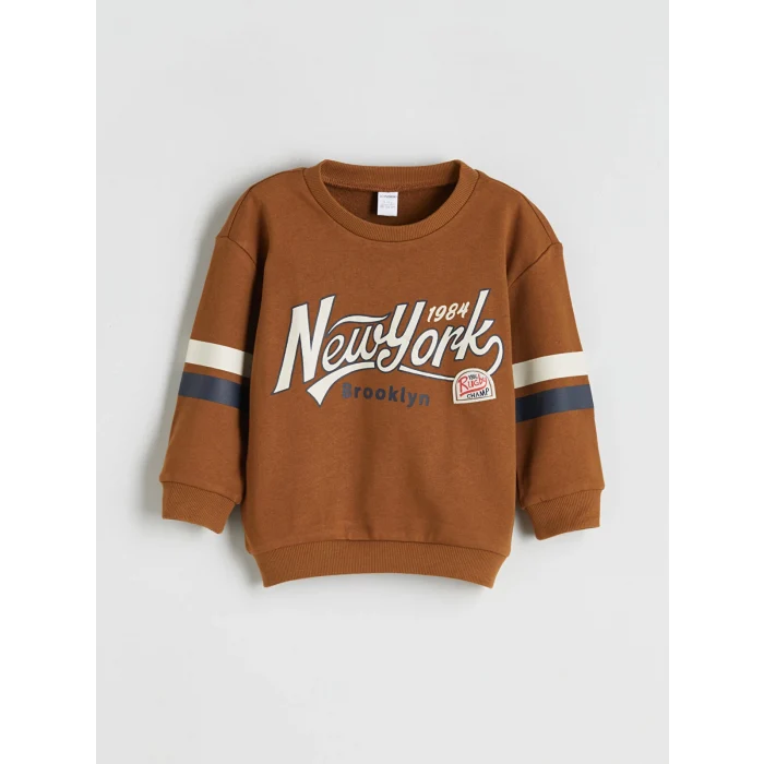 LCW Kids Kahverengi Bisiklet Yaka Baskılı Uzun Kollu Erkek Bebek Sweatshirt