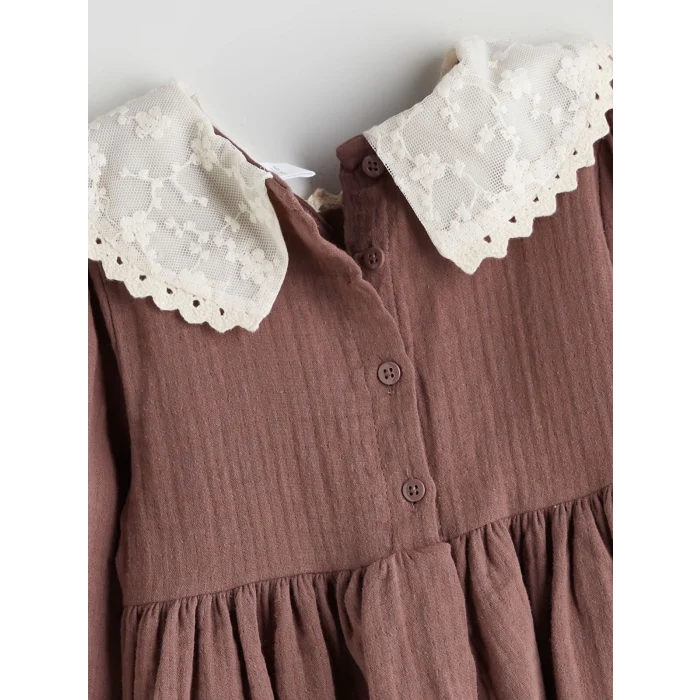LCW Kids Kahverengi Bebe Yaka Kız Çocuk Müslin Elbise