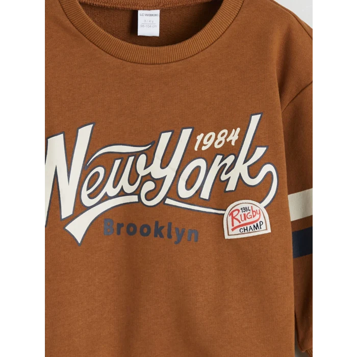 LCW Kids Kahverengi Bisiklet Yaka Baskılı Uzun Kollu Erkek Bebek Sweatshirt