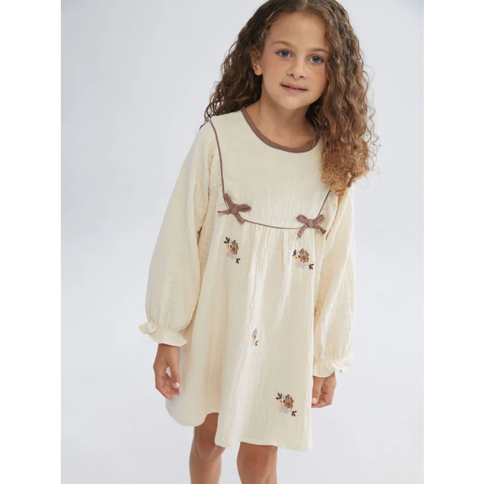 LCW Kids Bej Bisiklet Yaka Çiçekli Müslin Kız Çocuk Elbise