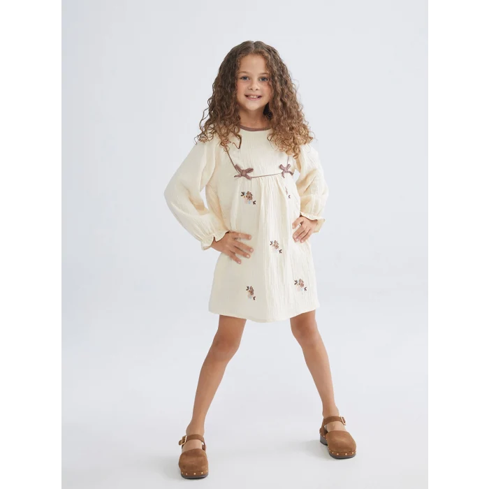 LCW Kids Bej Bisiklet Yaka Çiçekli Müslin Kız Çocuk Elbise