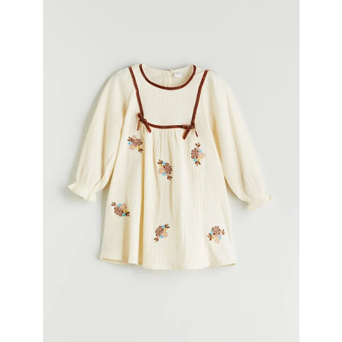 LCW Kids Bej Bisiklet Yaka Çiçekli Müslin Kız Çocuk Elbise