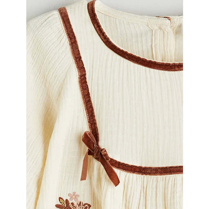 LCW Kids Bej Bisiklet Yaka Çiçekli Müslin Kız Çocuk Elbise