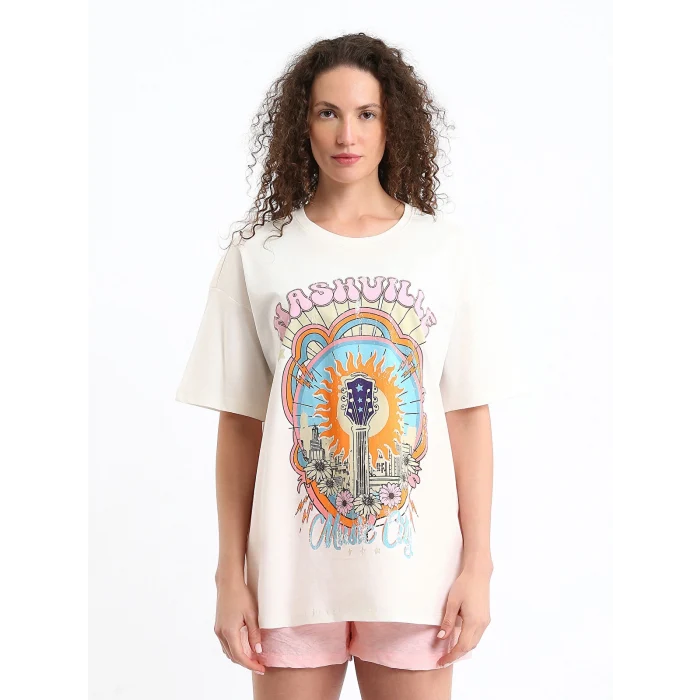 XSIDE Ekru Bisiklet Yaka Baskılı Kısa Kollu Kadın Tişört