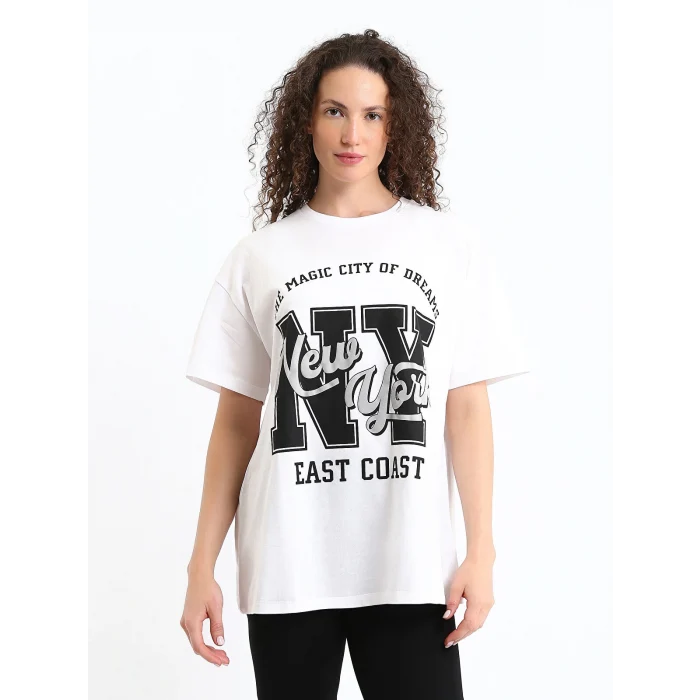 XSIDE Ekru Bisiklet Yaka Baskılı Kısa Kollu Kadın Tişört